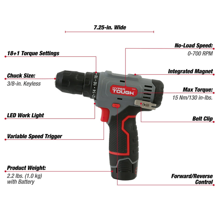 Hyper Tough 12V Max Lithium-Ion Cordless 3/8-inch Drill Driver 50-Piece Project Kit and 1.5Ah Battery, 99312