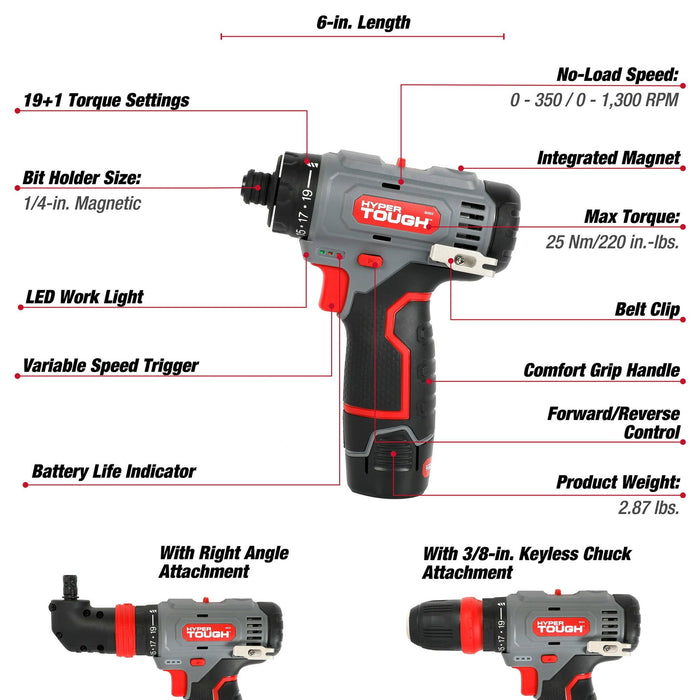 Hyper Tough 12V Max Lithium-Ion 3-in-1 Multi-Head Power Drill Set with 1.5Ah Battery and Charger, 80003