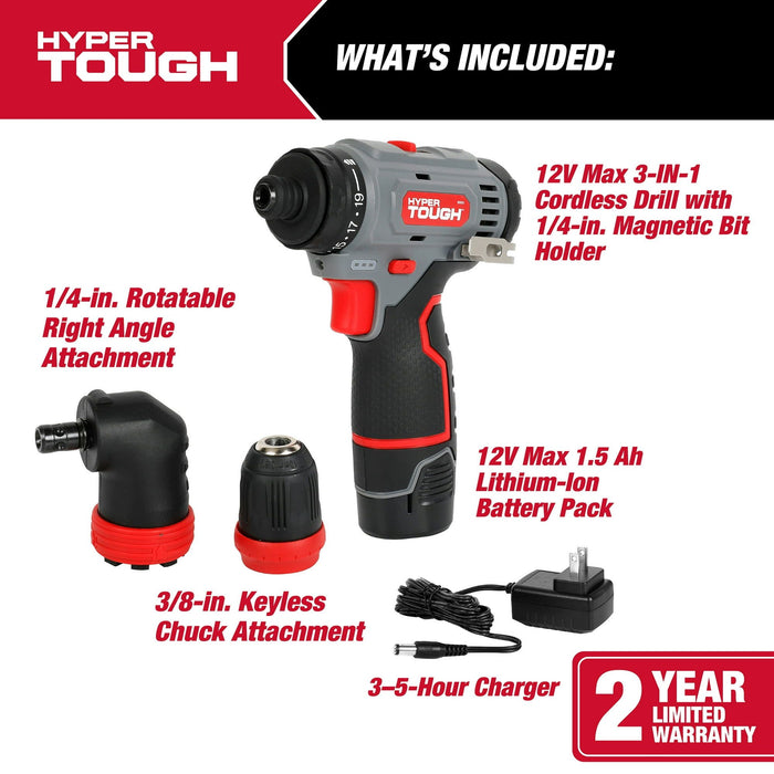 Hyper Tough 12V Max Lithium-Ion 3-in-1 Multi-Head Power Drill Set with 1.5Ah Battery and Charger, 80003