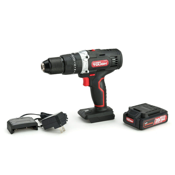 Hyper Tough 20V Max Lithium-Ion Cordless Hammer Drill, 1/2 inch Chuck, 2 Speeds with 1.5Ah Lithium-ion Battery & Charger, Bit Holder & LED Light, New Condition