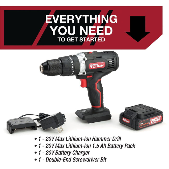 Hyper Tough 20V Max Lithium-Ion Cordless Hammer Drill, 1/2 inch Chuck, 2 Speeds with 1.5Ah Lithium-ion Battery & Charger, Bit Holder & LED Light, New Condition