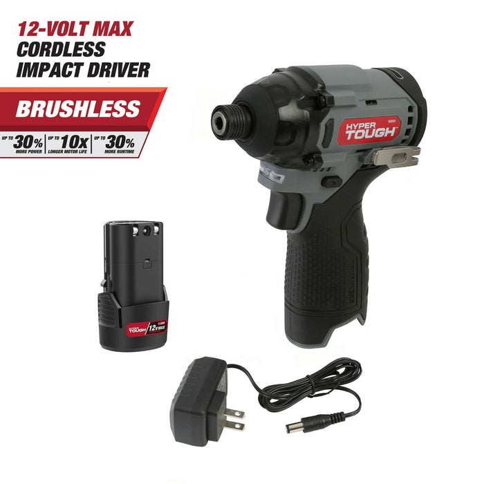 Hyper Tough 12V Max* Lithium-Ion Cordless Brushless Impact Driver with 1.5Ah Battery and Charger, Model 98809