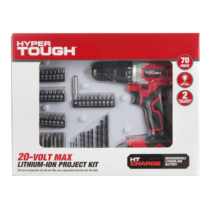 Hyper Tough 20V Max 3/8-in. Cordless Drill & 70-Piece DIY Home Tool Set Project Kit with 1.5Ah Lithium-Ion Battery & Charger, Bit Holder, LED Work Light & Storage Bag