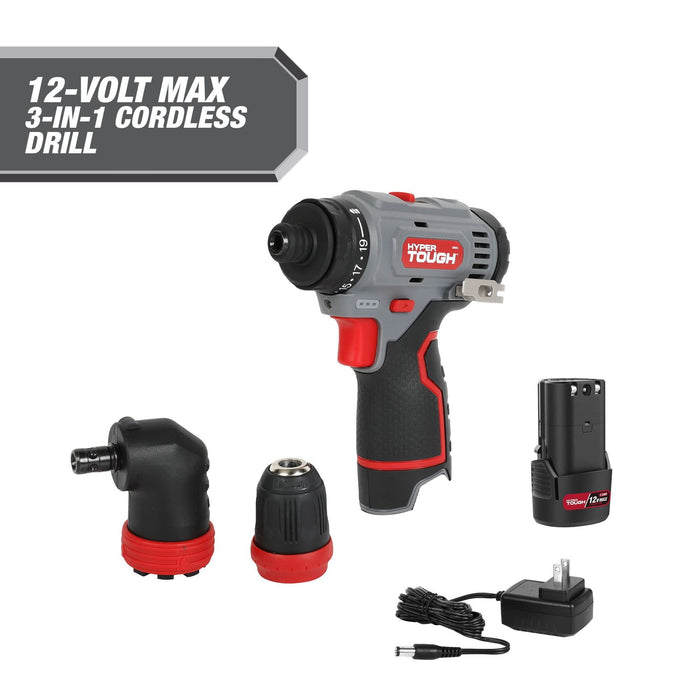 Hyper Tough 12-Volt Cordless 3-in-1 Drill Plus 4 Ah Battery