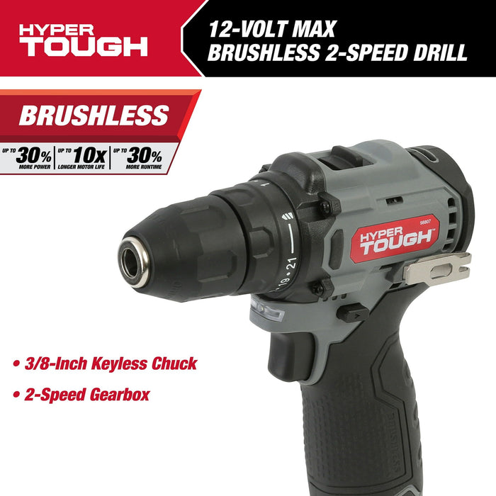 Hyper Tough 12V Max* Lithium-Ion Brushless 2-Speed 3/8-inch Drill Driver with 1.5Ah Battery & Charger, 98807