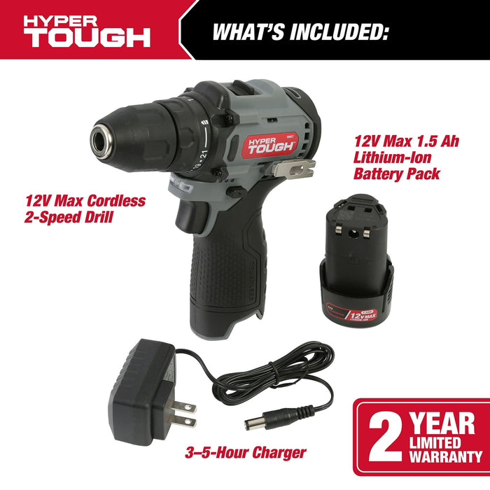 Hyper Tough 12V Max* Lithium-Ion Brushless 2-Speed 3/8-inch Drill Driver with 1.5Ah Battery & Charger, 98807