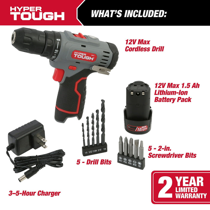 Hyper Tough 12V Max Lithium-Ion Cordless 2-Speed Drill Driver with 1.5Ah Battery and Charger, Model 98823