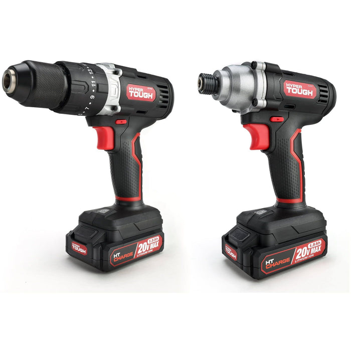 Hyper Tough 20V 1/4' Impact Driver & 1/2' 2-Speed Hammer Drill Bundle, (2) 1.5Ah Lithium-Ion Batteries & (2) Chargers