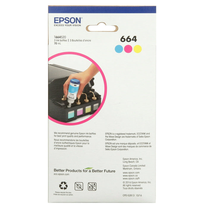 EPSON 664 EcoTank Ink Ultra-high Capacity Bottle Three Color CMY Combo Pack (T664520-S) Works with EcoTank ET-2500, ET-2550, ET-4500, ET-4550, ET-2600, ET-2650, ET-3600, ET-16500