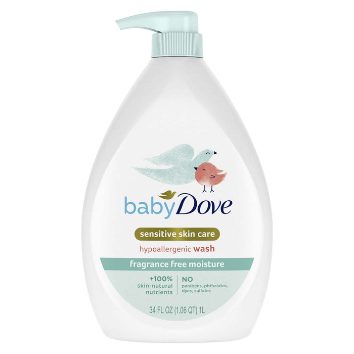 Baby Dove Sensitive Skincare Liquid Body Wash Fragrance Free Moisture, Hypoallergenic, 34 oz