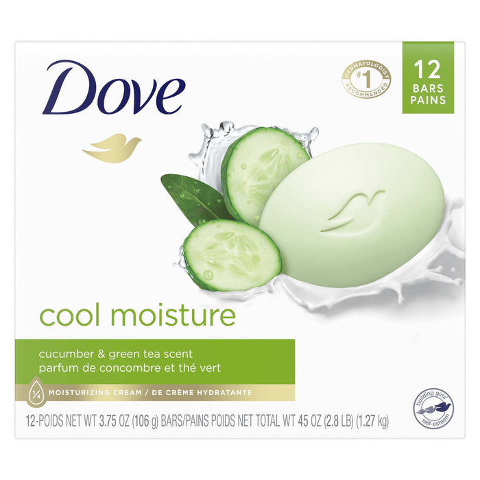 D ove Cool Moisture Gentle Beauty Bar Soap All Skin Type, Cucumber and Green Tea, 3.75 oz (12 Bars)