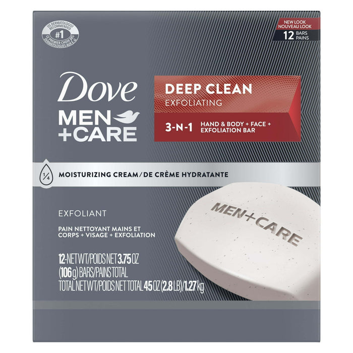 Dove Men+Care 3-in-1 Hand & Body + Face + Exfoliation Bar for Dry Skin, Deep Clean, 3.75 oz (12 Bars)