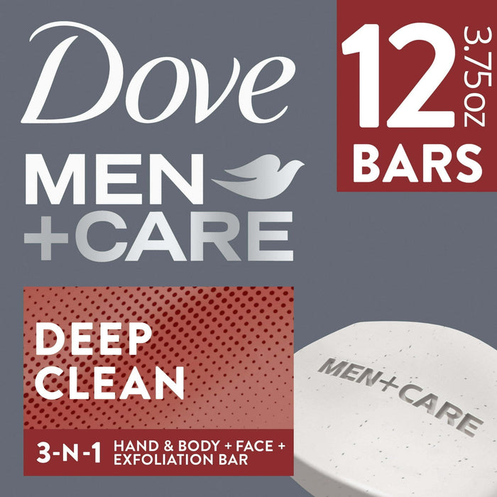 Dove Men+Care 3-in-1 Hand & Body + Face + Exfoliation Bar for Dry Skin, Deep Clean, 3.75 oz (12 Bars)