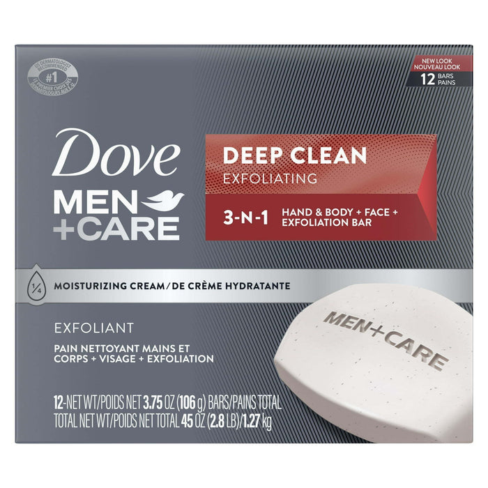 Dove Men+Care 3-in-1 Hand & Body + Face + Exfoliation Bar for Dry Skin, Deep Clean, 3.75 oz (12 Bars)