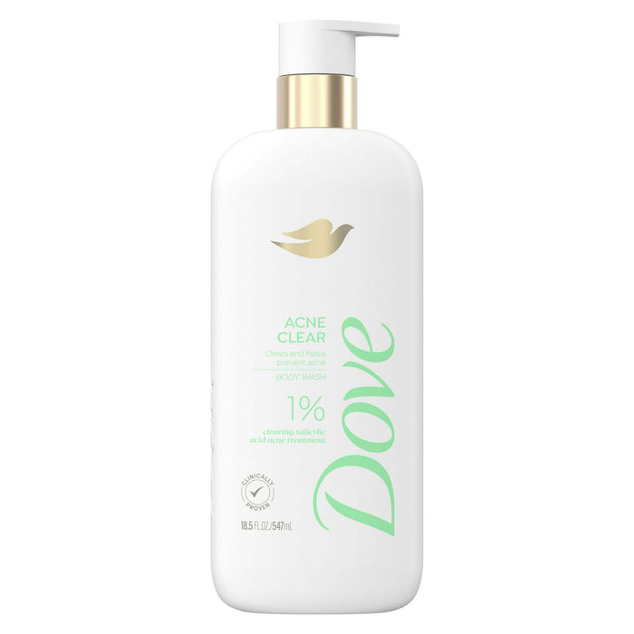 Dove Acne Clear Women's Body Wash with 1% Salicylic Acid for Acne Prone Skin, 18.5 oz