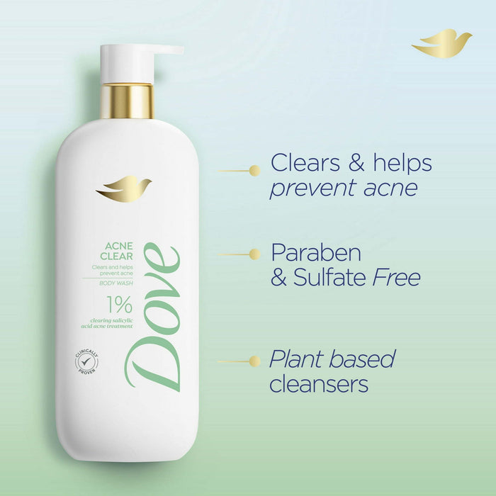 Dove Acne Clear Women's Body Wash with 1% Salicylic Acid for Acne Prone Skin, 18.5 oz