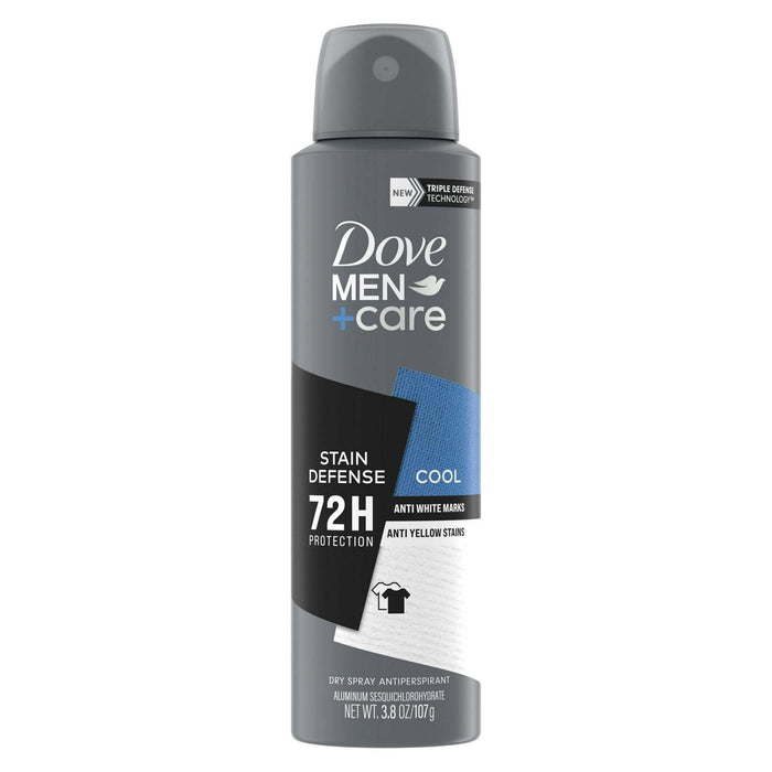 Dove Men+Care Stain Defense Long Lasting Antiperspirant Deodorant Dry Spray Twin Pack, Cool, 3.8 oz