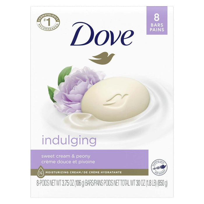 D ove Indulging Gentle Beauty Bar Soap for Dry Skin, Sweet Cream and Peony, 3.75 oz (8 Bars)