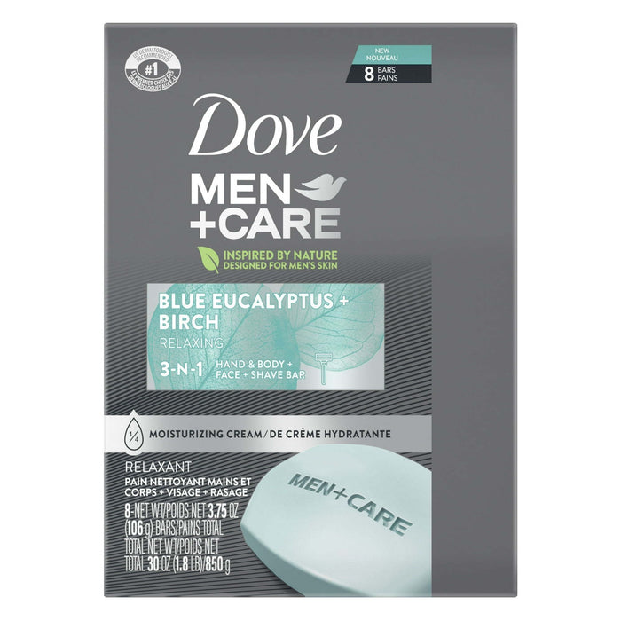 Dove Men+Care 3-in-1 Men's Dry Hand, Body, Face + Shave Bar Relaxing Blue Eucalyptus, 3.75 oz 8 Bars