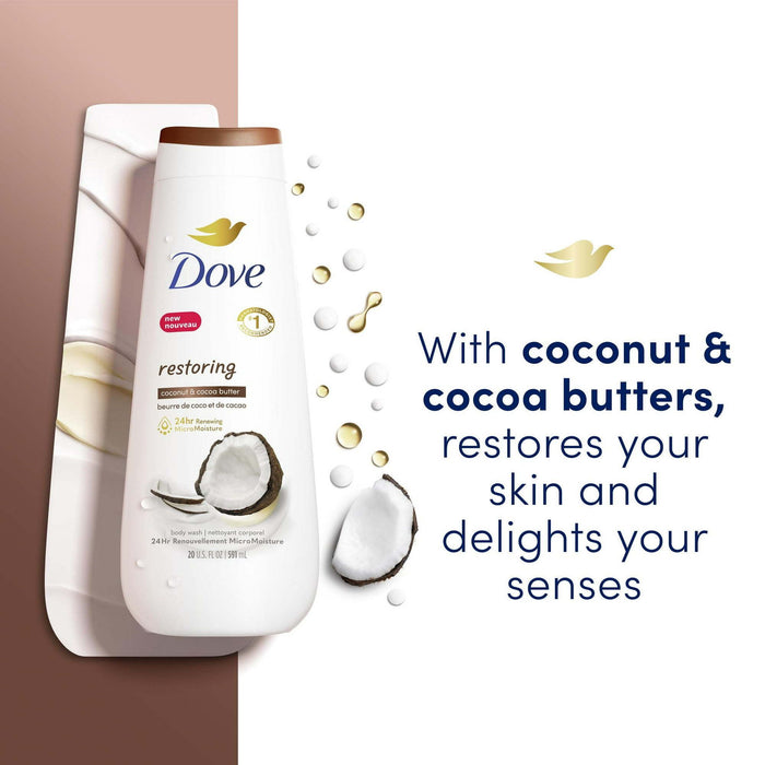 Dove Restoring Long Lasting Gentle Women's Body Wash Twin Pack, Coconut and Cocoa Butter, 20 fl oz