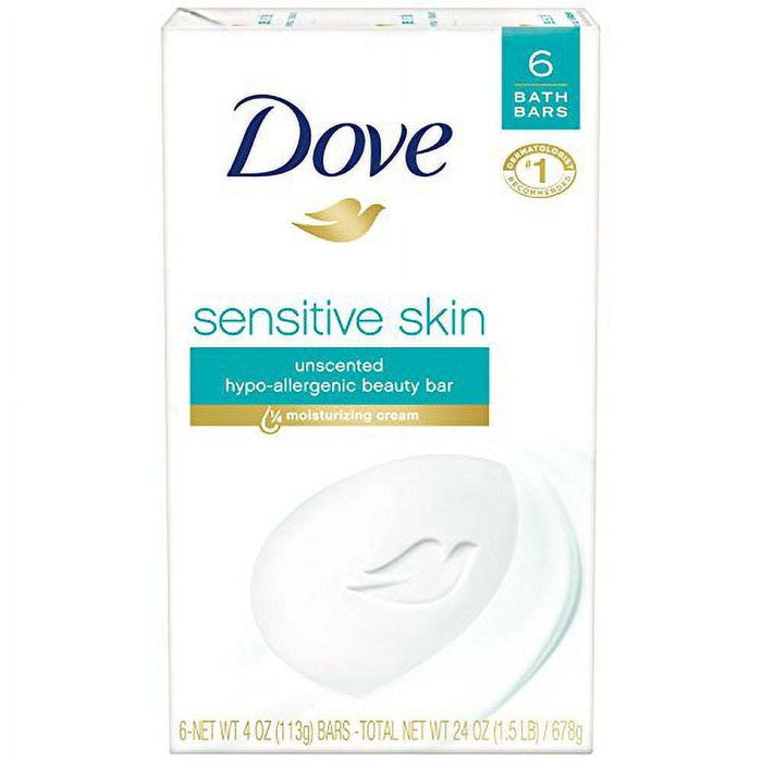 D ove Beauty Bar More Moisturizing Than Bar Soap Sensitive Skin With Gentle Cleanser for Softer Skin, Fragrance-Free, Hypoallergenic Beauty Bar 3.75 oz, 6 Bars