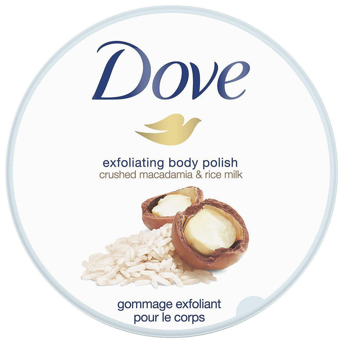 Dove Exfoliant Moderate Body Polish, Crushed Macadamia and Rice Milk, 10.5 oz (2 pack) (Bundle)