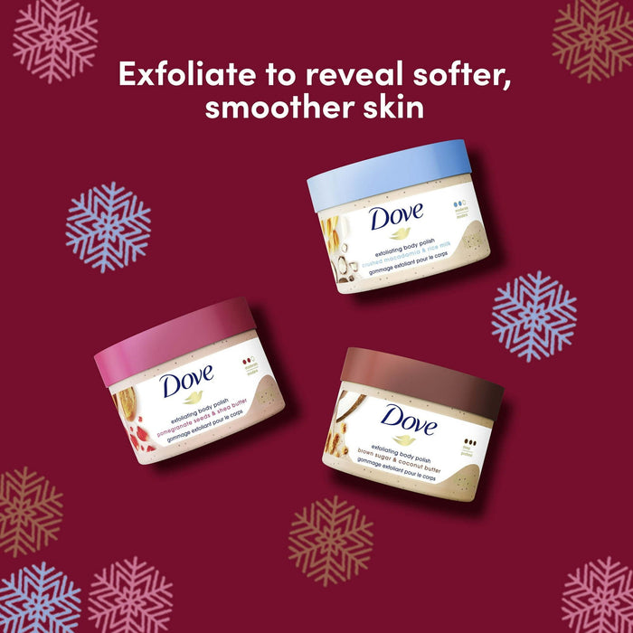 Dove Exfoliating Body Polish Gift Set, Macadamia, Brown Sugar & Coconut, and Pomegranate, 3 Count