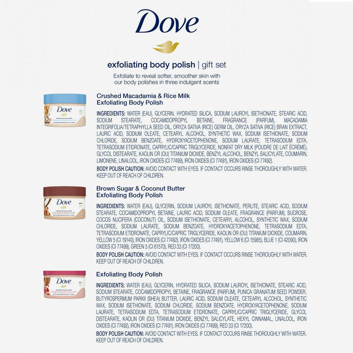 Dove Exfoliating Body Polish Gift Set, Macadamia, Brown Sugar & Coconut, and Pomegranate, 3 Count