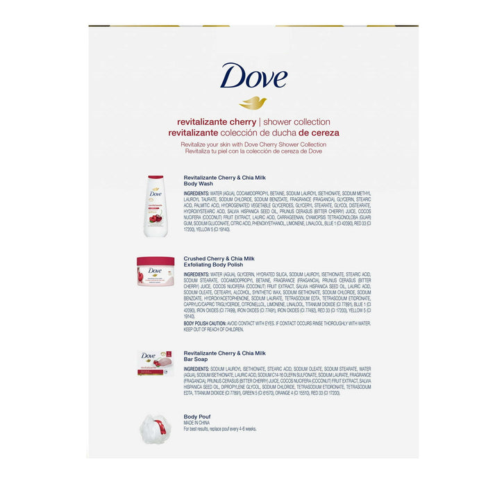 Dove Revitalizante Cherry Shower Collection Gift Set, Body Polish, Beauty Bar, Body Wash & Shower Pouf, 4 Count