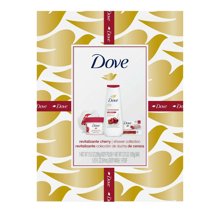 Dove Revitalizante Cherry Shower Collection Gift Set, Body Polish, Beauty Bar, Body Wash & Shower Pouf, 4 Count