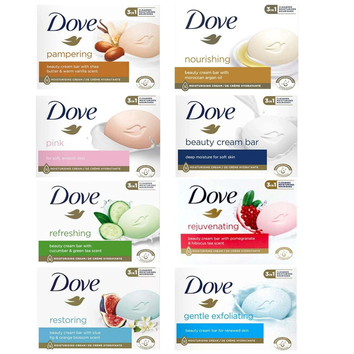 D ove Bar Soap Variety Pack of 8 - Nourishing, Refreshing, Exfoliating, Rejuvenating, Restore, Shea Butter, White, Pink - Gentle Skin Cleanser - 90g