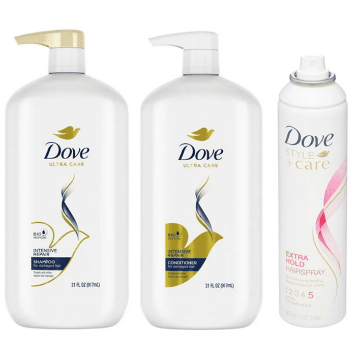 Dove Ultra Care Repairing Daily Shampoo Conditioner Extra Strong Hold Hairspray Set All Hair, 3 Piece