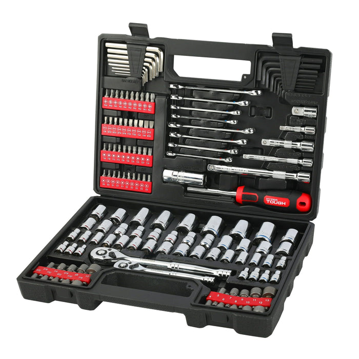 Hyper Tough 144-Piece 1/4, 3/8 and 1/2-inch Drive Mechanics Tool Set, Chrome Finish, New