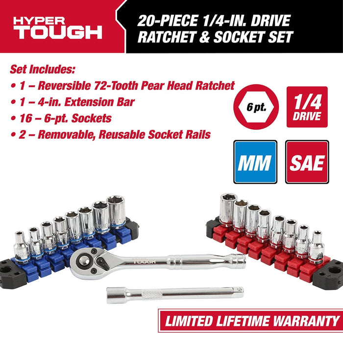 Hyper Tough 20-Piece 1/4-inch Drive Ratchet and Socket Set