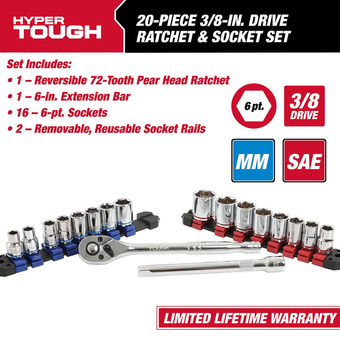 Hyper Tough 20-Piece 3/8-Inch Drive Ratchet and Socket Set