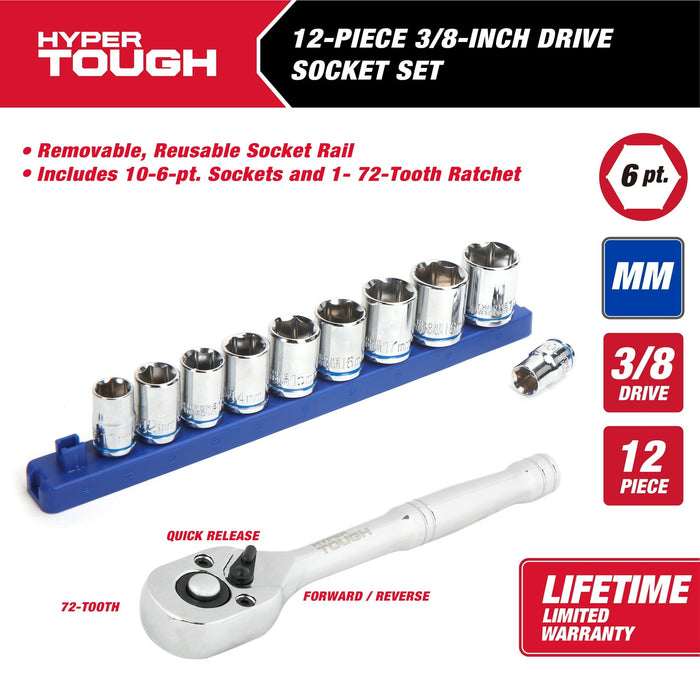 Hyper Tough 12-Piece 3/8-inch Drive Socket Set mm, Model 42883