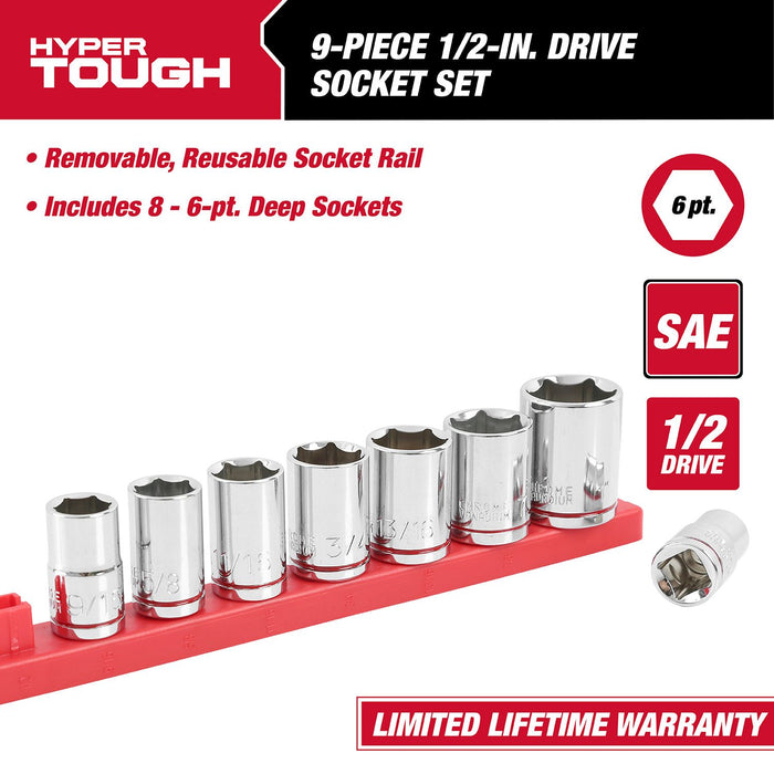 Hyper Tough 9-Piece, 1/2-Inch Drive Standard SAE Sockets, 5831