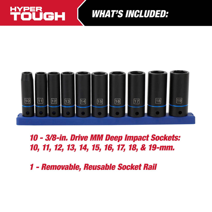 Hyper Tough 11-Piece 3/8-Inch, Deep Drive Impact Socket Set mm, 43241