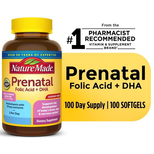 Nature Made Prenatal with Folic Acid + DHA Softgels; Prenatal Vitamin; 100 Count