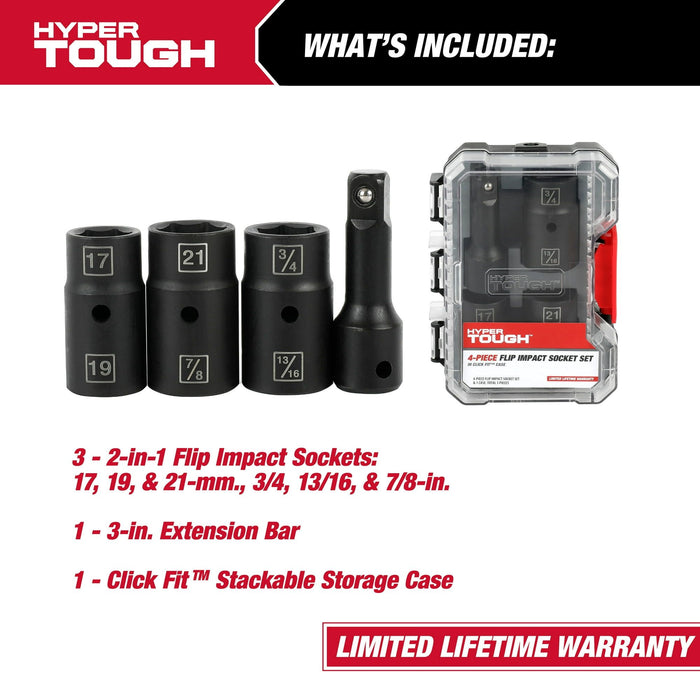 Hyper Tough 4-Piece Flip, Click Fit Mechanic Impact Socket and Ratchet Impact Set, 43023