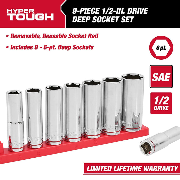 Hyper Tough 9-Piece1/2-Inch Drive Deep Standard SAE Sockets, 5833