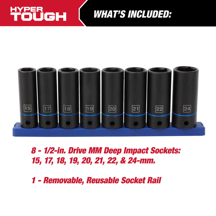 Hyper Tough 9-Piece, 1/2-inch mm, Deep Drive Impact Socket Set for Automotive and DIY projects, 41046