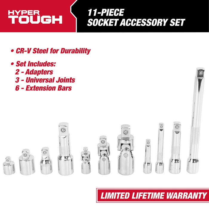 Hyper Tough Complete Socket Accessory Set for 1/4-inch, 3/8-inch, 1/2-inch Drives, 11-Piece