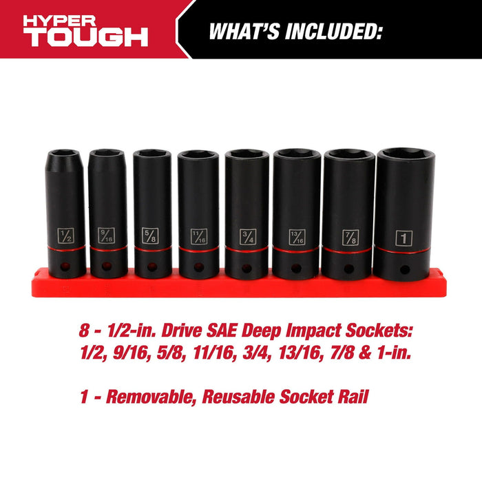 Hyper Tough 9-Piece 1/2-Inch Deep Drive Impact Socket Set SAE, 41045