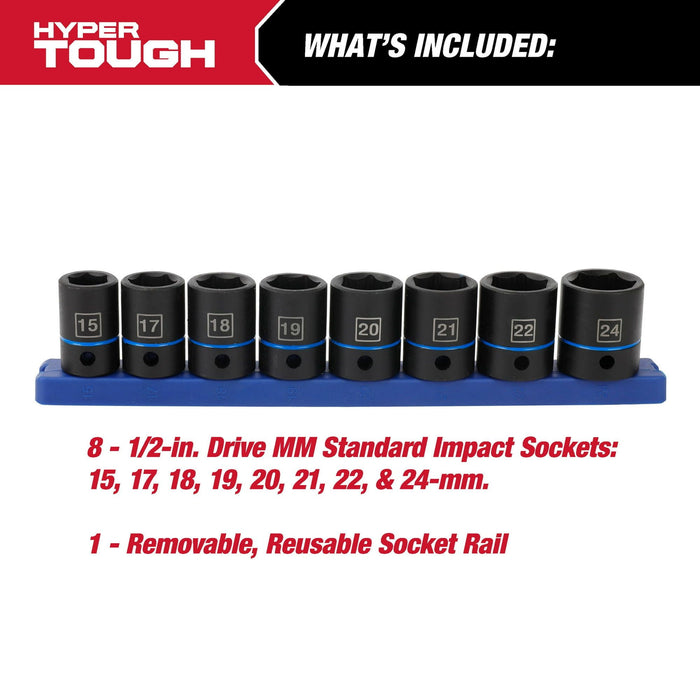 Hyper Tough 9-Piece 1/2-inch Standard Drive Impact Socket Set MM, 43003