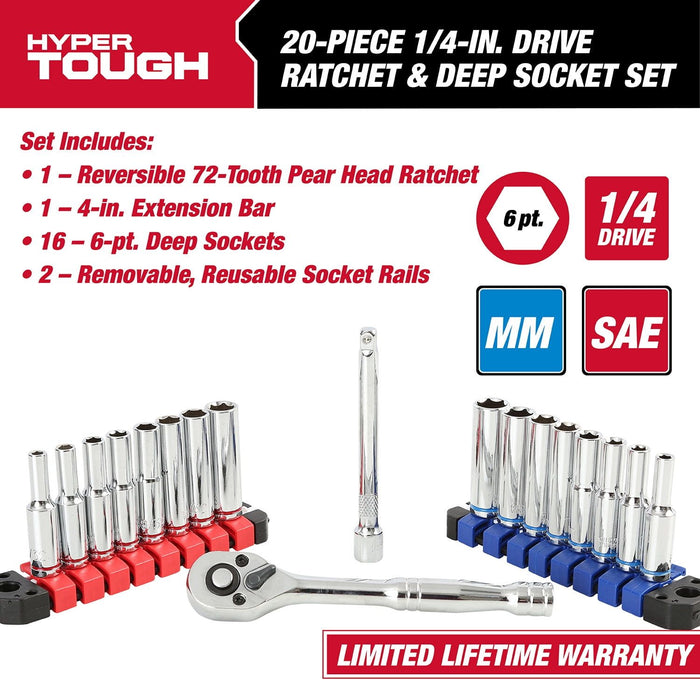 Hyper Tough 20-Piece 1/4-inch Drive Ratchet and Deep Socket Set, SAE and Metric Sockets