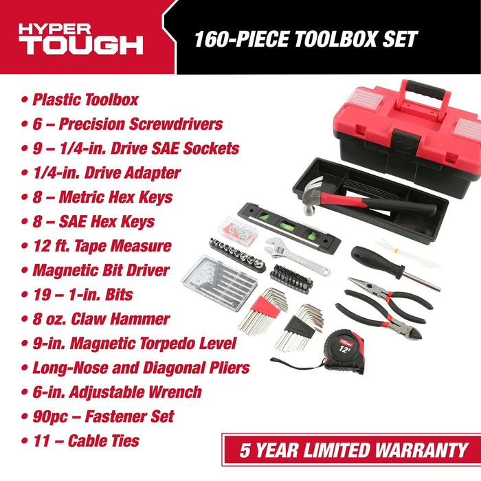 Hyper Tough 160-Piece Toolbox Set for Home and Auto Repairs