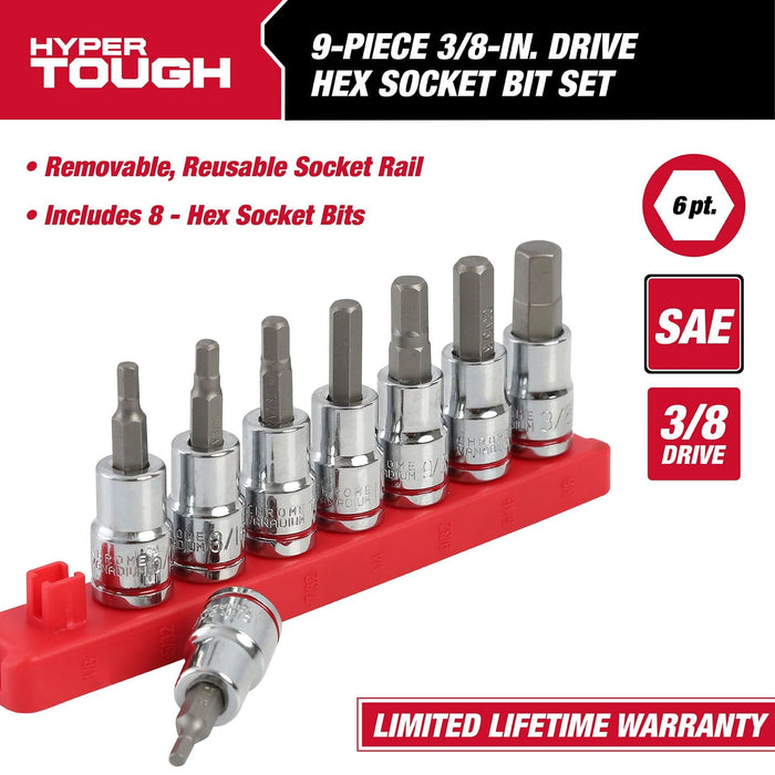 Hyper Tough 9-Piece 3/8-in Drive Standard SAE Sockets, Hex Bit Set