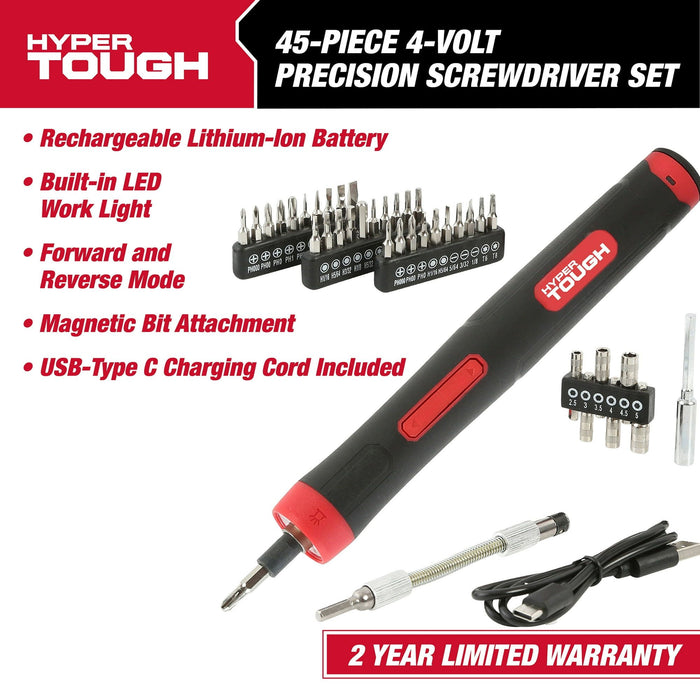 Hyper Tough 4 Volts 45-Piece Rechargeable Precision Screwdriver Set, Model 30009, New