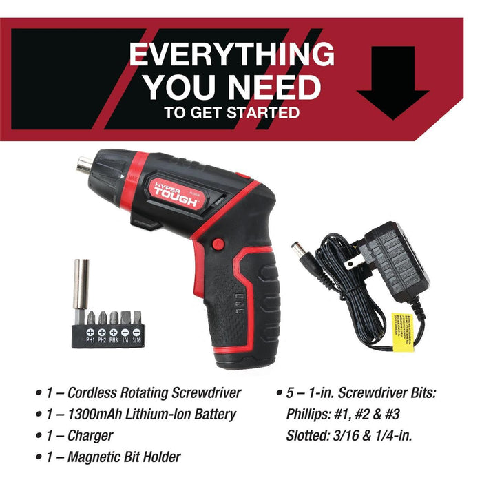 Hyper Tough 4V Max Lithium-Ion Cordless Rotating Power Screwdriver 1/4 inch Size with Charger, Rotating Handle, LED Light, Magnetic Bit Holder & Bits, New Condition